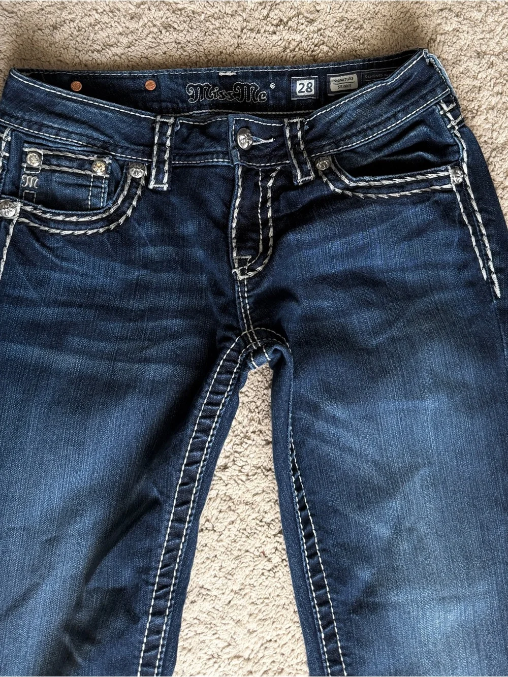 Miss Me Blue Jeans size 28 Skinny Embellished Rhinestones Pockets Thick Stitch